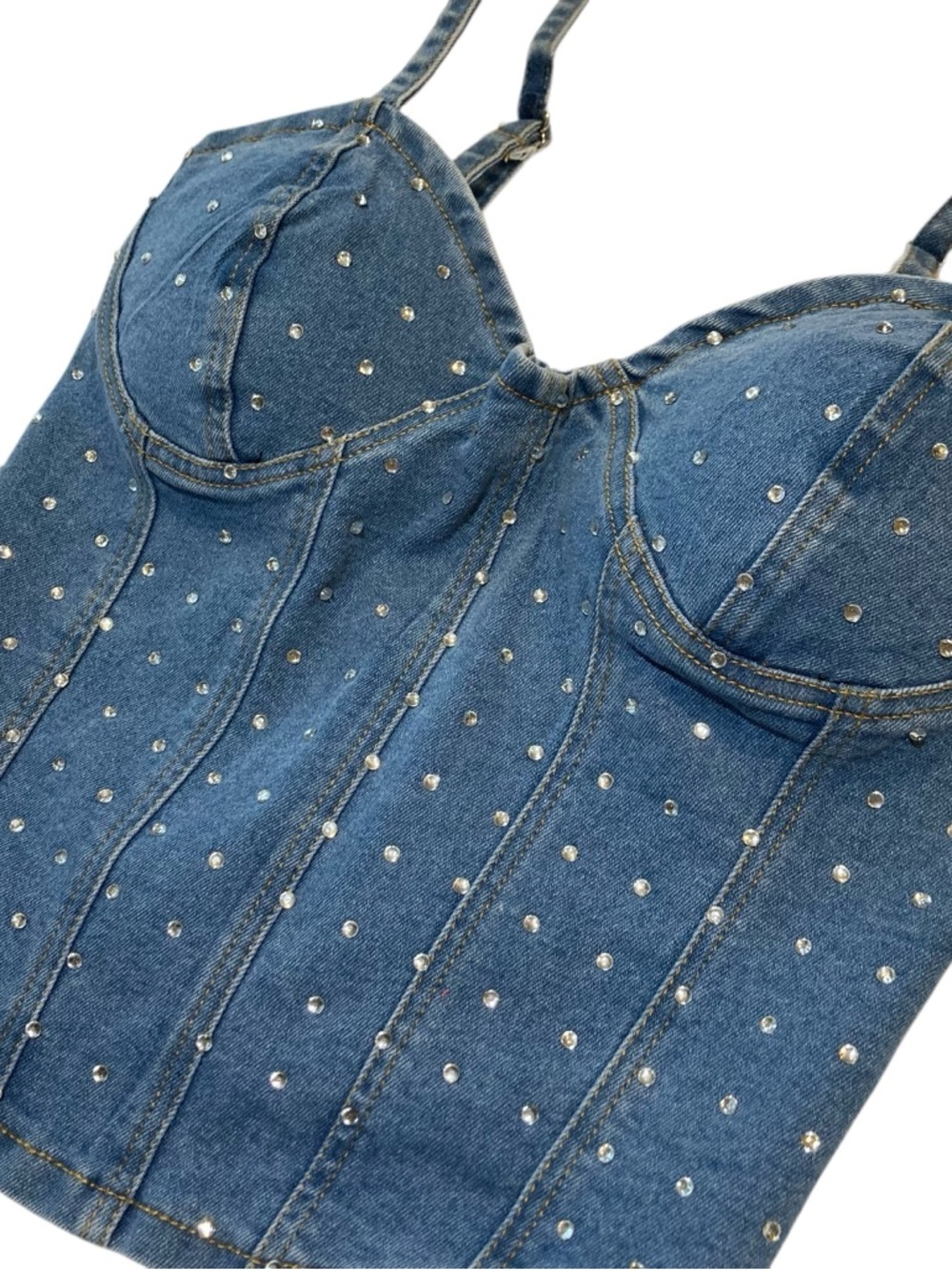 Denim Corset Tank Top with Rhinestone Studs - Picture 2 of 6